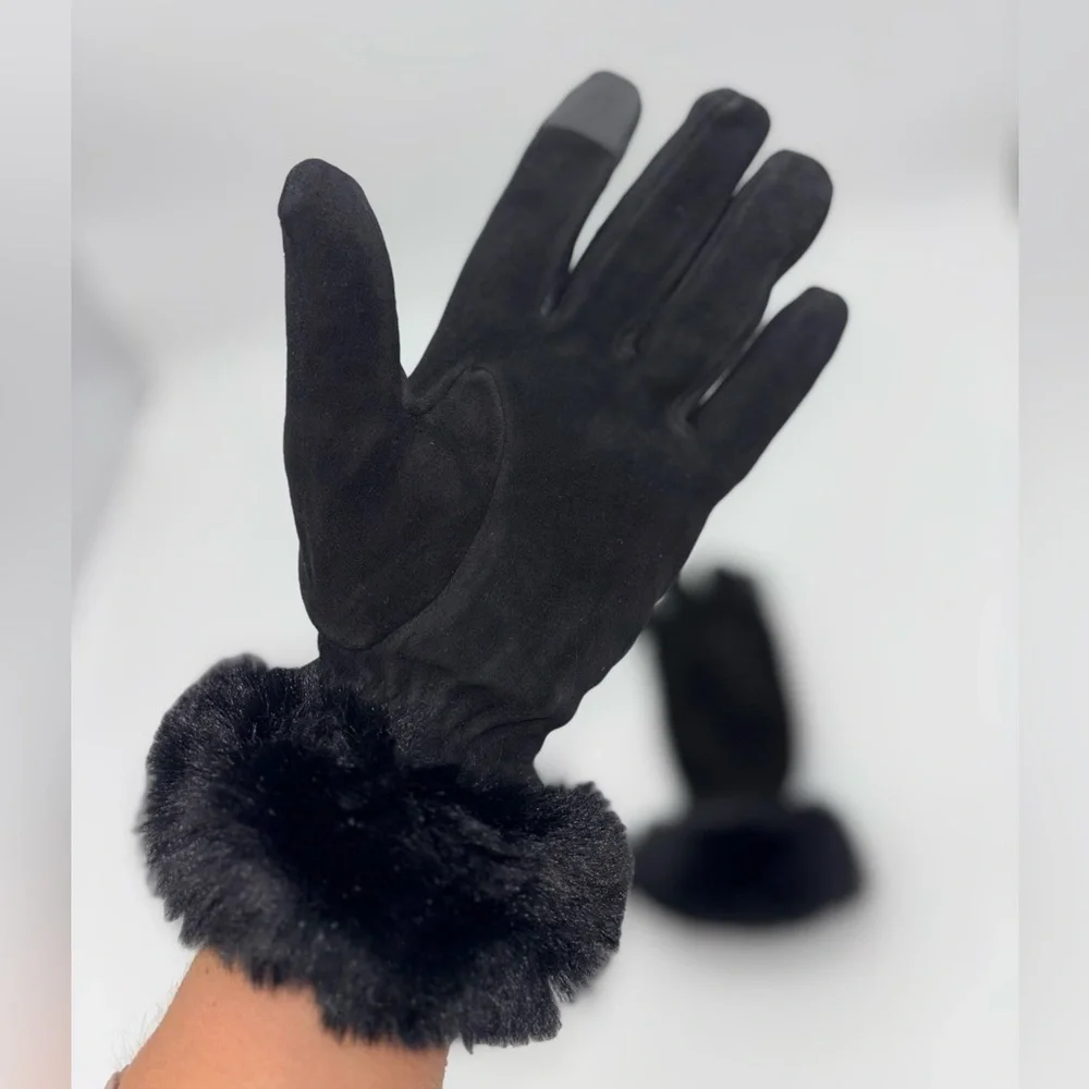 NEW Deer Suede Leather Driving Gloves Skin Faux Fur Cuff Black‎ Touchscreen Wool